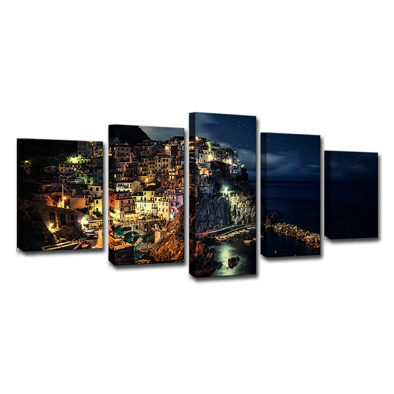 Cinque Terre Night View Canvas Black Glam Wall Art Print para sala de estar, varias piezas Negro Clearhalo