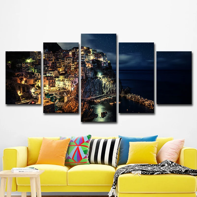 Cinque Terre Night View Canvas Black Glam Wall Art Print para sala de estar, varias piezas Negro Clearhalo