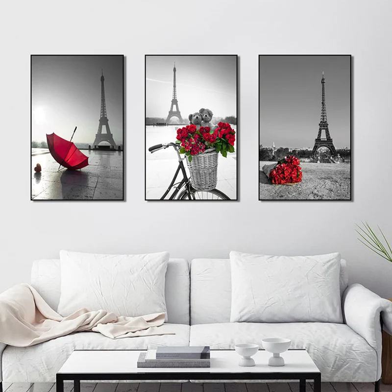 Conjunto de arte de pared de la Torre Eiffel, moderno, elegante impresión en lienzo emblemático en gris y rojo Clearhalo