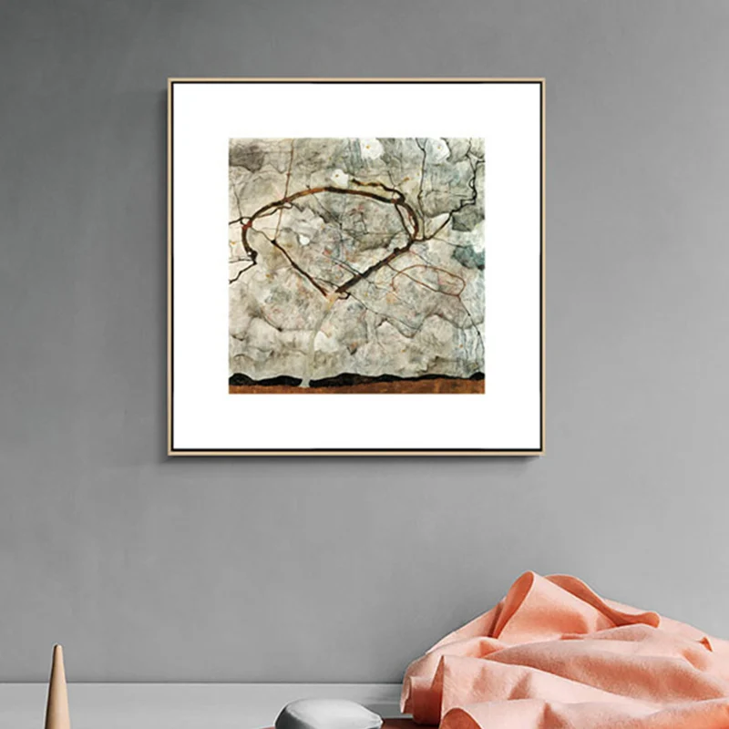 Decoración artística de pared de árbol desnudo, lienzo texturizado de estilo moderno de mediados de siglo en gris para ves...