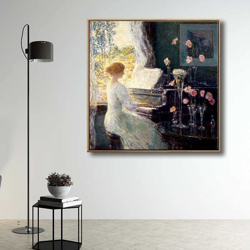 Decoración artística de pared Vintage, belleza verde tocando el piano, lienzo en verde para sala de estar Verde Clearhalo