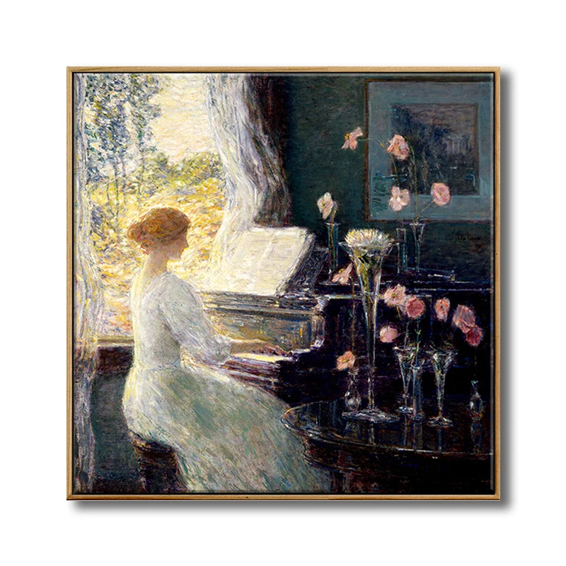 Decoración artística de pared Vintage, belleza verde tocando el piano, lienzo en verde para sala de estar Verde Clearhalo