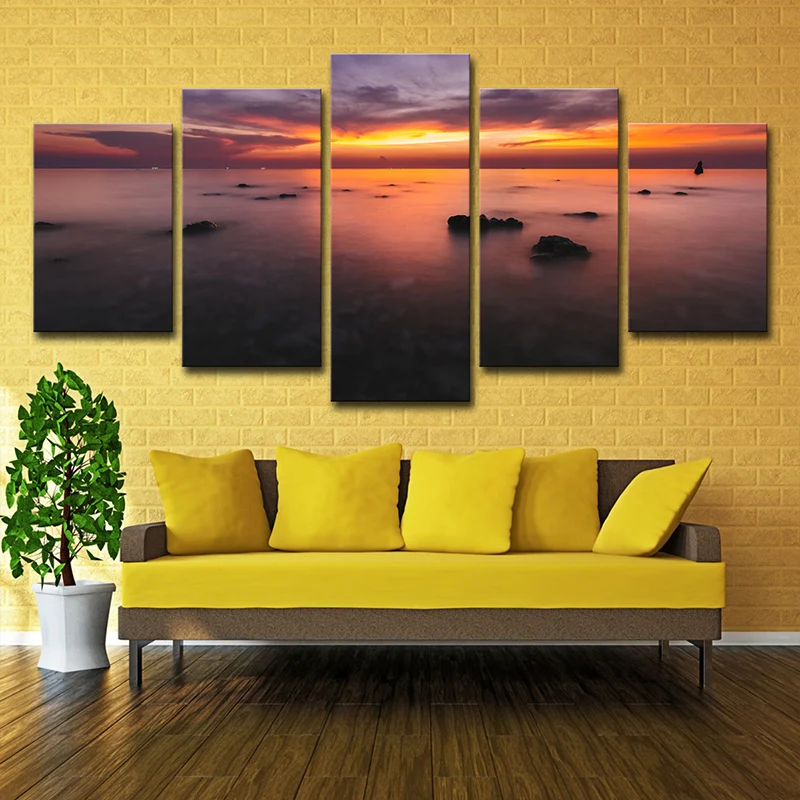 Decoración de pared con brillo de puesta de sol naranja, arte de pared en lienzo interior de casa glamorosa de varias piez...