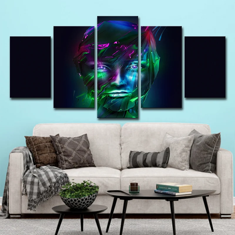 Decoración de pared con cara de niñ, lienzo verde y morado, impresión artística en negro, varias piezas Negro Clearhalo