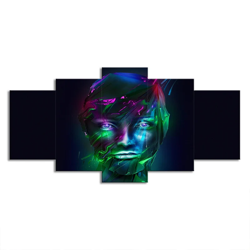 Decoración de pared con cara de niñ, lienzo verde y morado, impresión artística en negro, varias piezas Negro Clearhalo