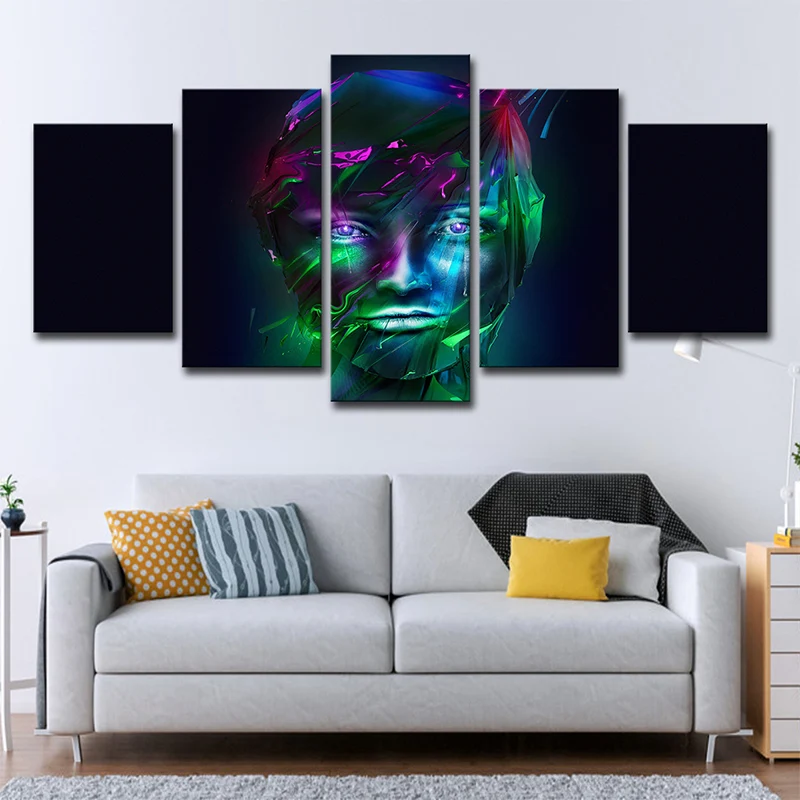 Decoración de pared con cara de niñ, lienzo verde y morado, impresión artística en negro, varias piezas Negro Clearhalo