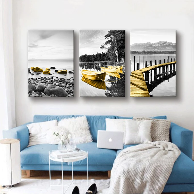 Decoración de pared con paisaje costero en lienzo Tropix dorado para sala de estar, juego de 3 Oro Clearhalo