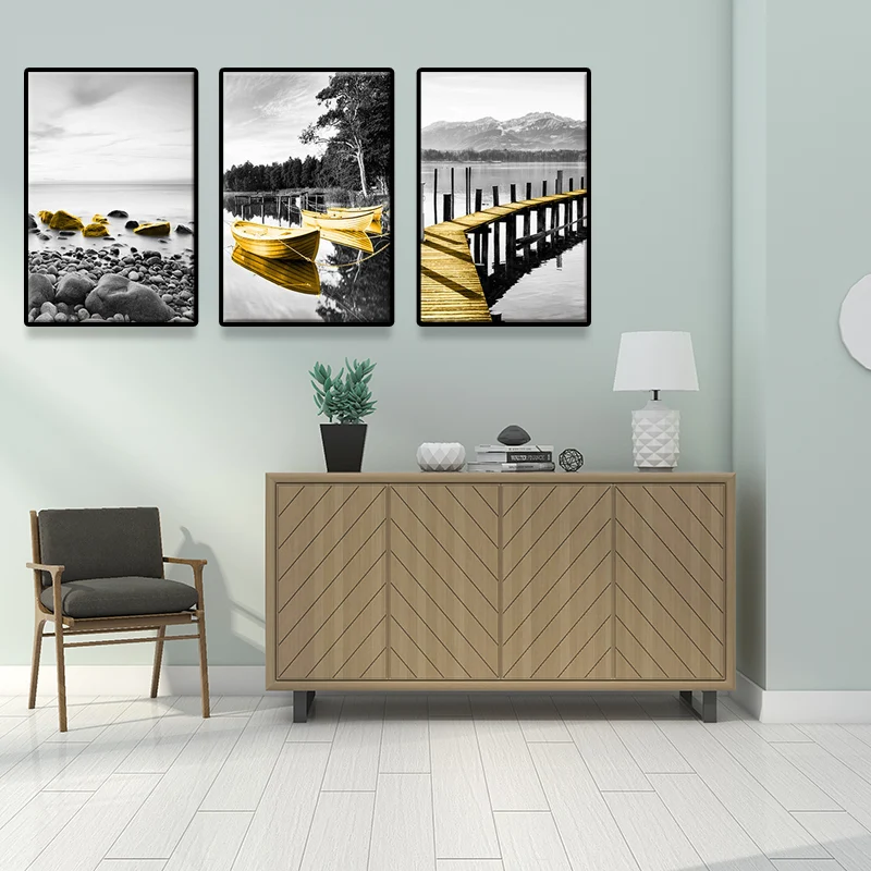 Decoración de pared con paisaje costero en lienzo Tropix dorado para sala de estar, juego de 3 Oro Clearhalo