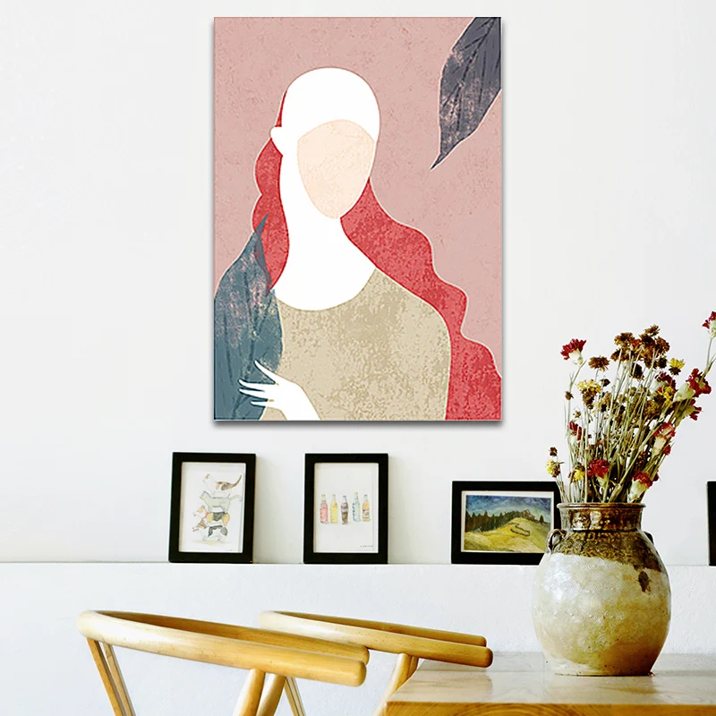Decoración de pared de mujer de moda nórdica, arte en lienzo rosa para sala de estar (varios tamaños disponibles) Rosa Cle...