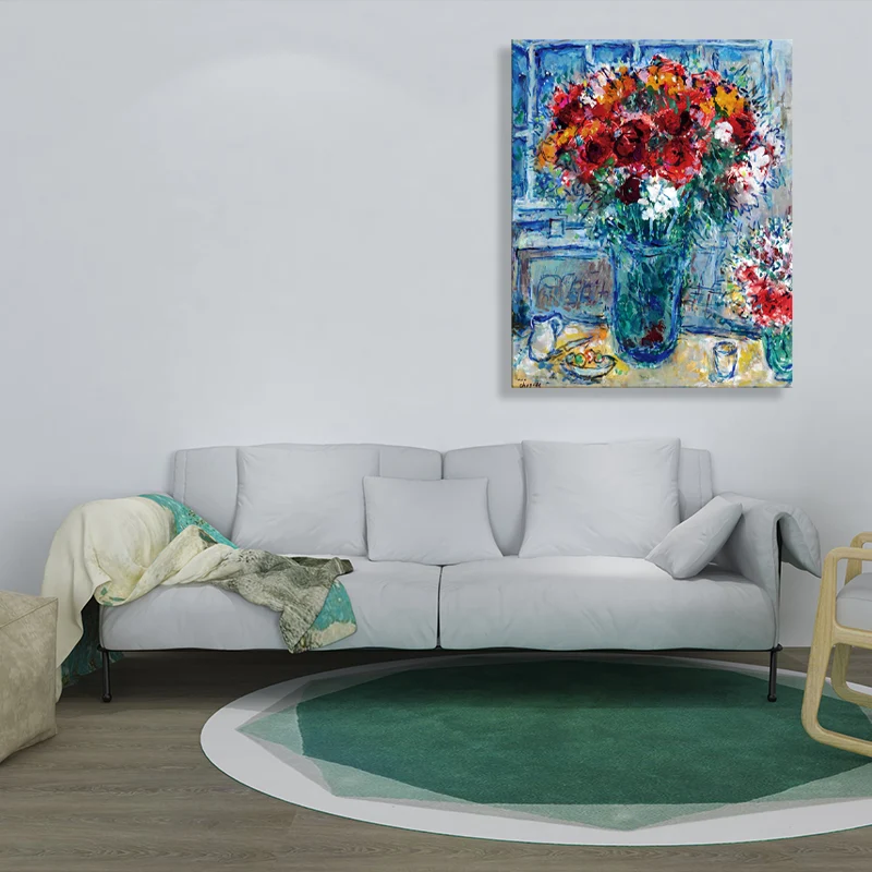 Dibujo de flores y jarrones, lienzo de estilo campestre francés, impresión de pared texturizada en azul Azul Clearhalo