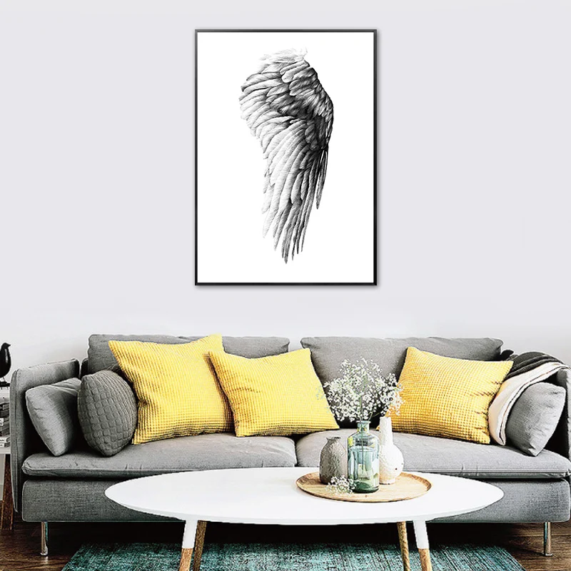 Dibujo lápiz Wing Art Print Decoración de pared minimalista en blanco y negro para sala de estar Negro Clearhalo