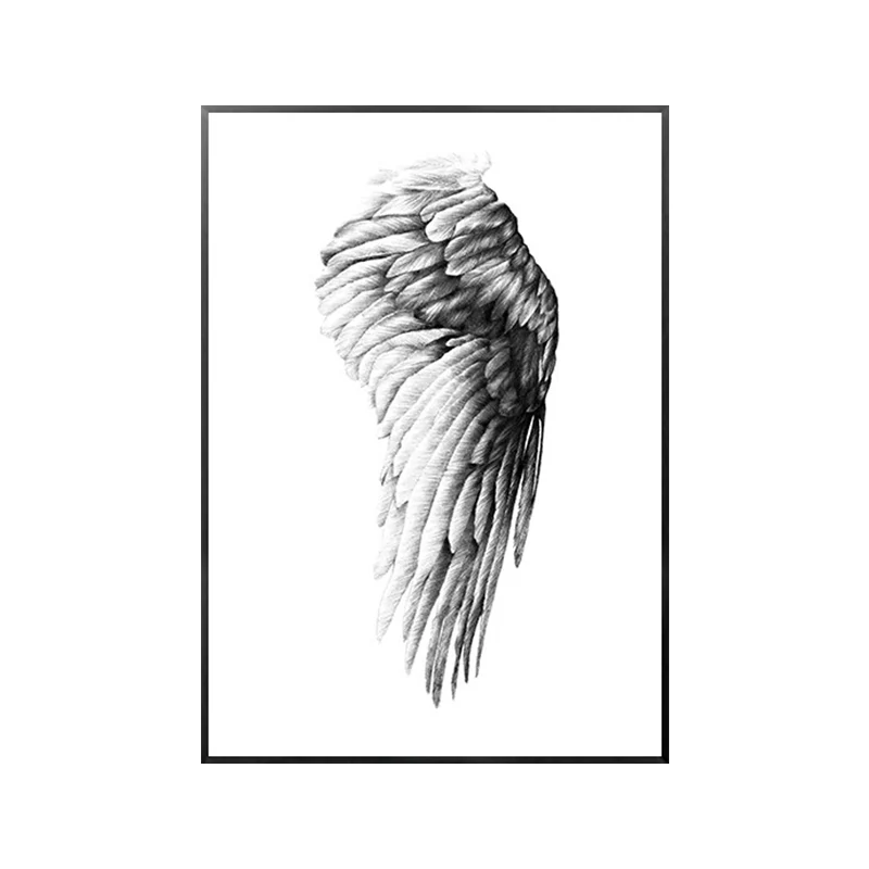 Dibujo lápiz Wing Art Print Decoración de pared minimalista en blanco y negro para sala de estar Negro Clearhalo