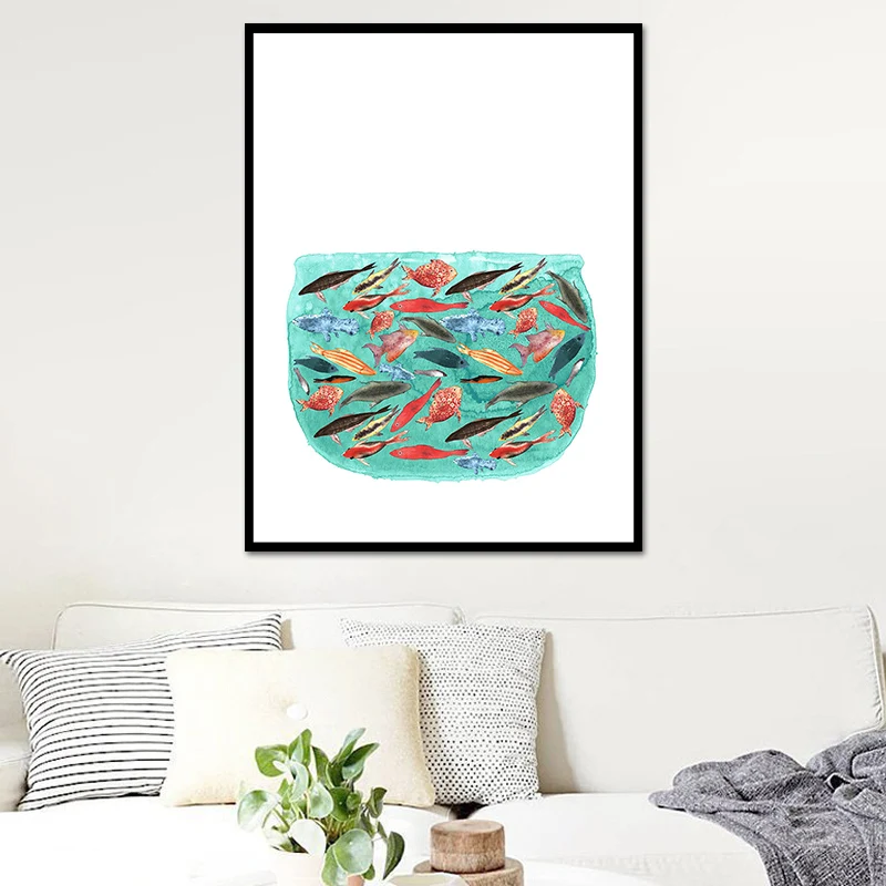 Dibujo de pez, decoración de pared, arte infantil texturizado, lienzo para comedor, impresión en blanco Blanco Clearhalo