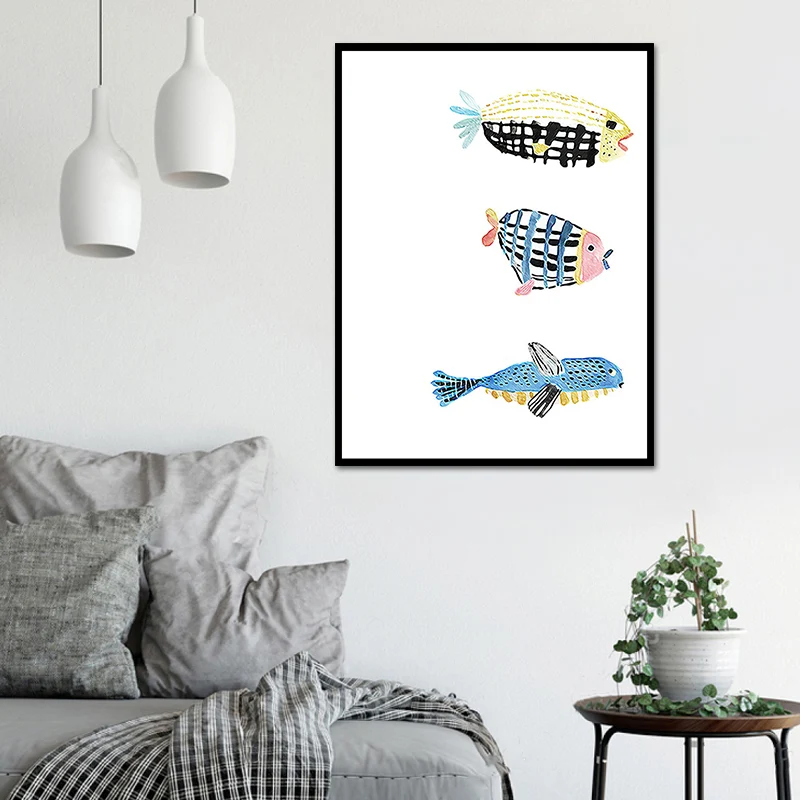 Dibujo de pez, decoración de pared, arte infantil texturizado, lienzo para comedor, impresión en blanco Blanco Clearhalo