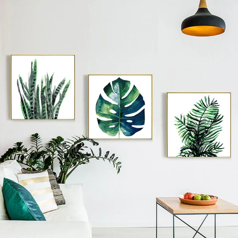 Elegante impresión artística de hojas de plantas tropicales para decoración de pared botánica de dormitorio en verde Verde...