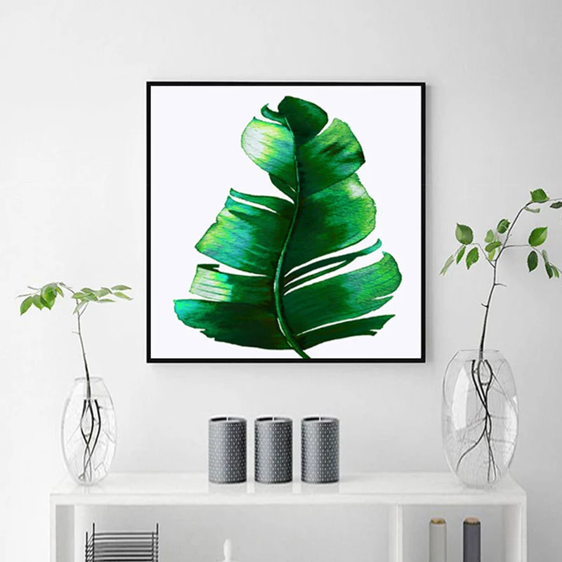 Elegante impresión artística de hojas de plantas tropicales para decoración de pared botánica de dormitorio en verde Verde...