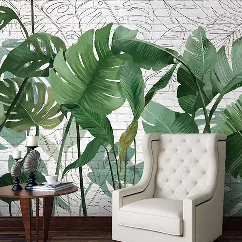 Enorme arte de pared de hojas de plátano en tela no tejida verde, calcomaní mural para pared decorativa, hecho medida Verd...