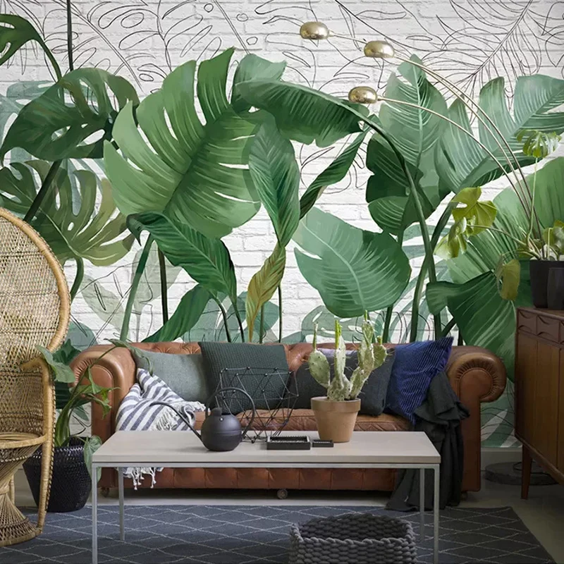 Enorme arte de pared de hojas de plátano en tela no tejida verde, calcomaní mural para pared decorativa, hecho medida Verd...