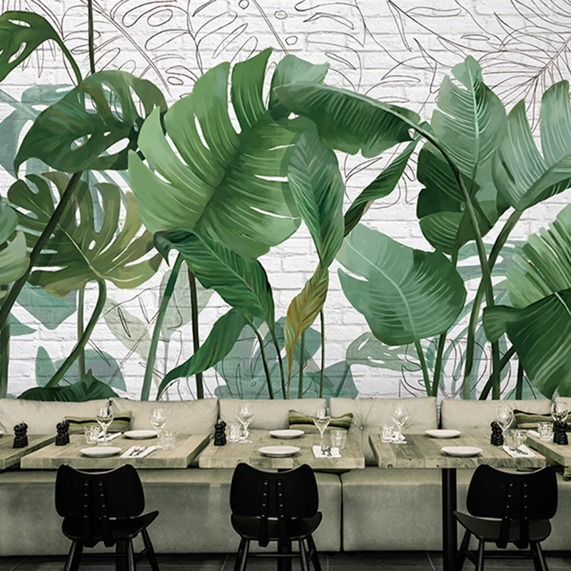 Enorme arte de pared de hojas de plátano en tela no tejida verde, calcomaní mural para pared decorativa, hecho medida Verd...