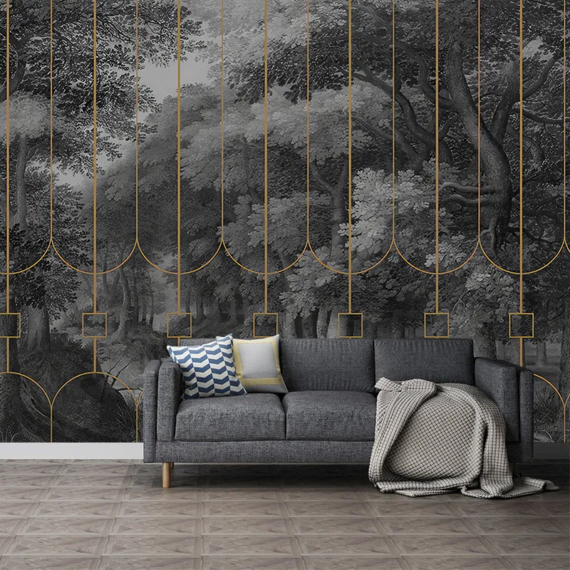 Enorme foto mural original para decoración de salón con barandillas y diseño de bosque en gris oscuro Gris Clearhalo