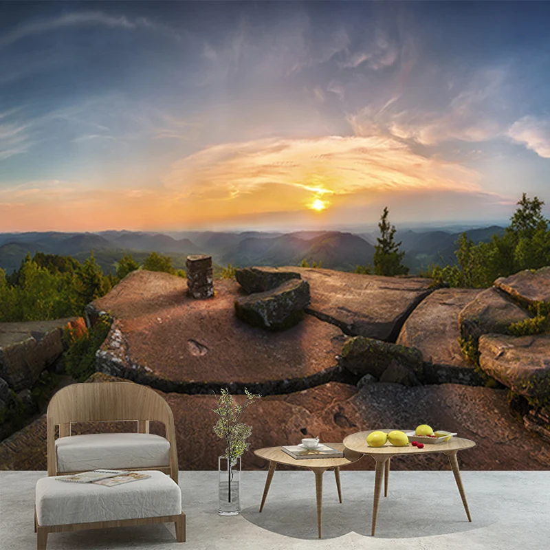 Enorme mural contemporáneo Pabellón de piedra marrón atardecer en Peak View Decoración de pared, hecho medida Marron Clear...