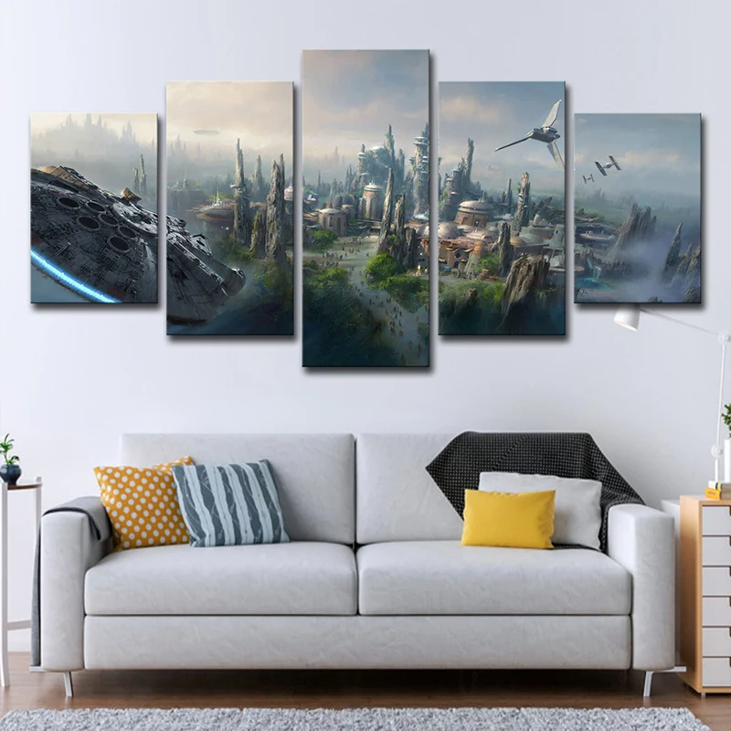 Escena de guerra de estrella azul, arte en lienzo, paisaje urbano, decoración de pared futurista de varias piezas para el...