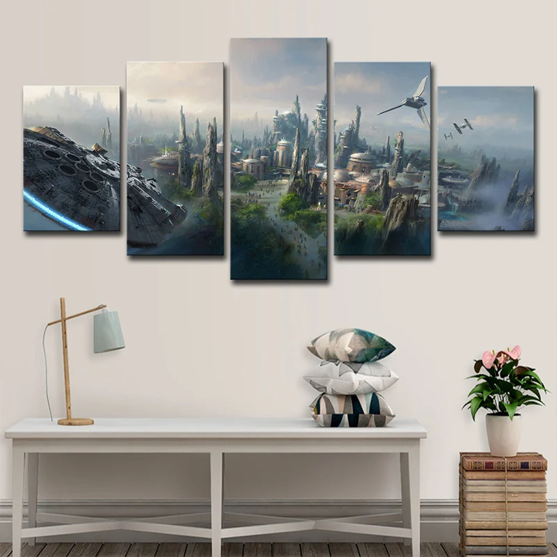 Escena de guerra de estrella azul, arte en lienzo, paisaje urbano, decoración de pared futurista de varias piezas para el...