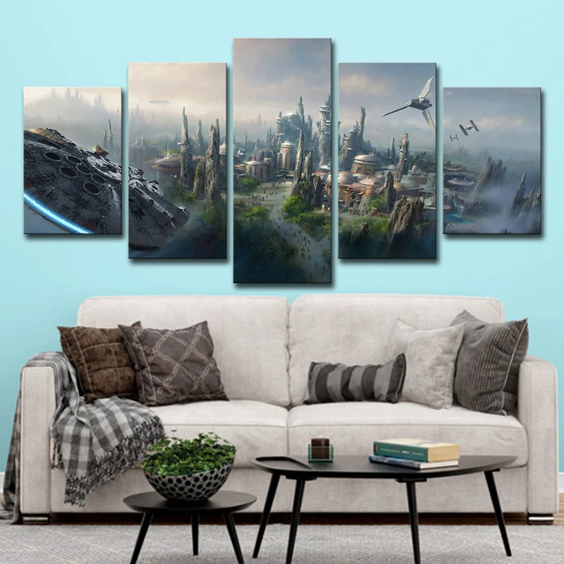 Escena de guerra de estrella azul, arte en lienzo, paisaje urbano, decoración de pared futurista de varias piezas para el...