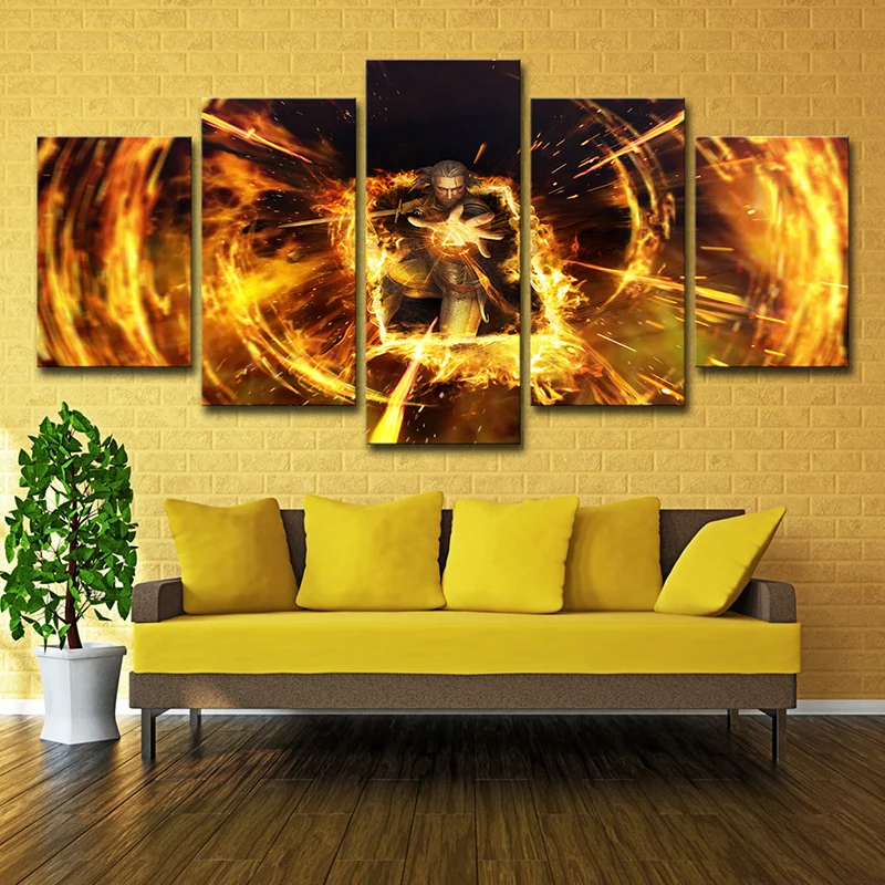 Escena de juego con estampado artístico de Witcher de Gwent amarillo, decoración de pared de varias piezas para niños para...