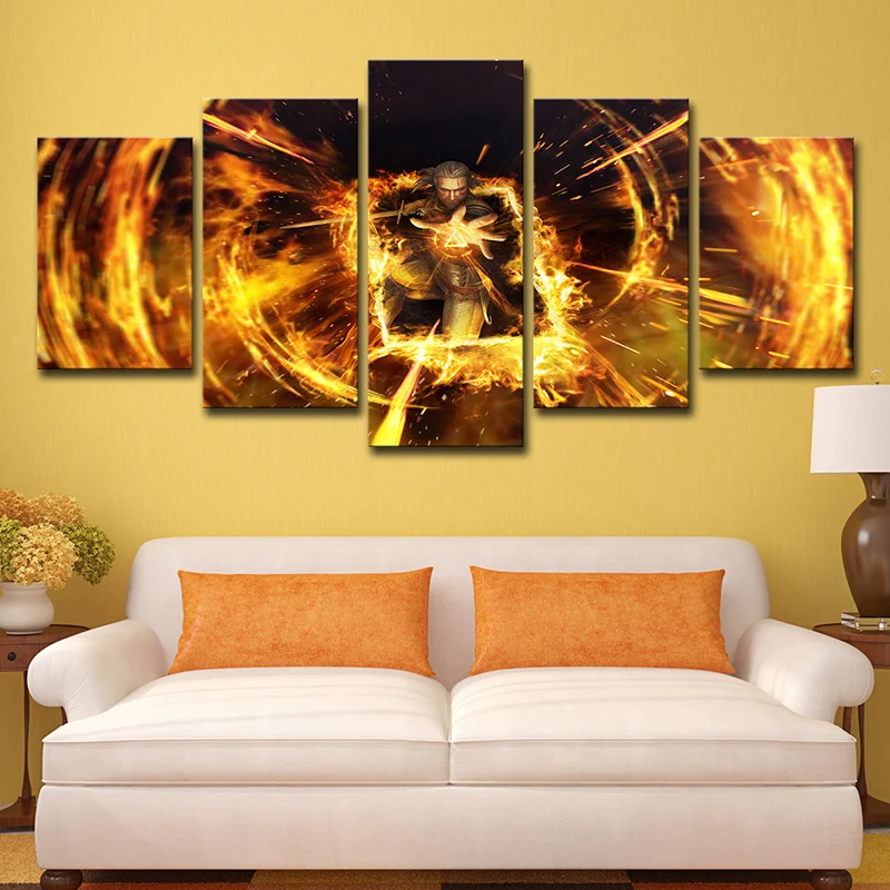 Escena de juego con estampado artístico de Witcher de Gwent amarillo, decoración de pared de varias piezas para niños para...