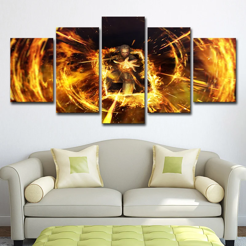 Escena de juego con estampado artístico de Witcher de Gwent amarillo, decoración de pared de varias piezas para niños para...