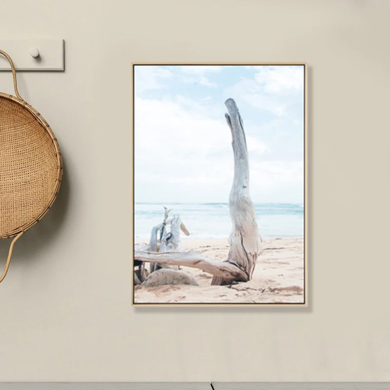 Foto Playa Madera Desnuda Lienzo Arte Azul Tropical Decoración de Pared para Pasillo, Tamaños Opcionales Azul Clearhalo