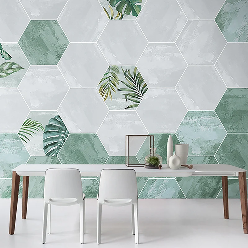 Fotomural Moderno Estilo Ilustración con Hexágono en Verde y Blanco, Hecho Medida Verde Clearhalo