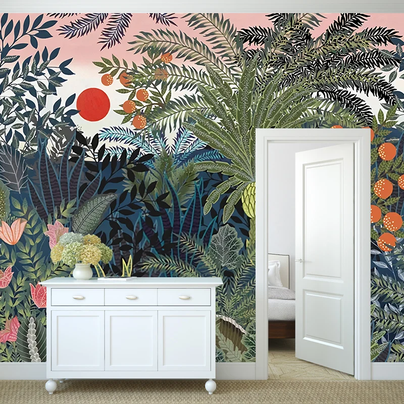 Fotomural Nórdico Ilustración Entera para Decoración de Dormitorio con Estampado de Selva y Sol en Verde Verde Clearhalo