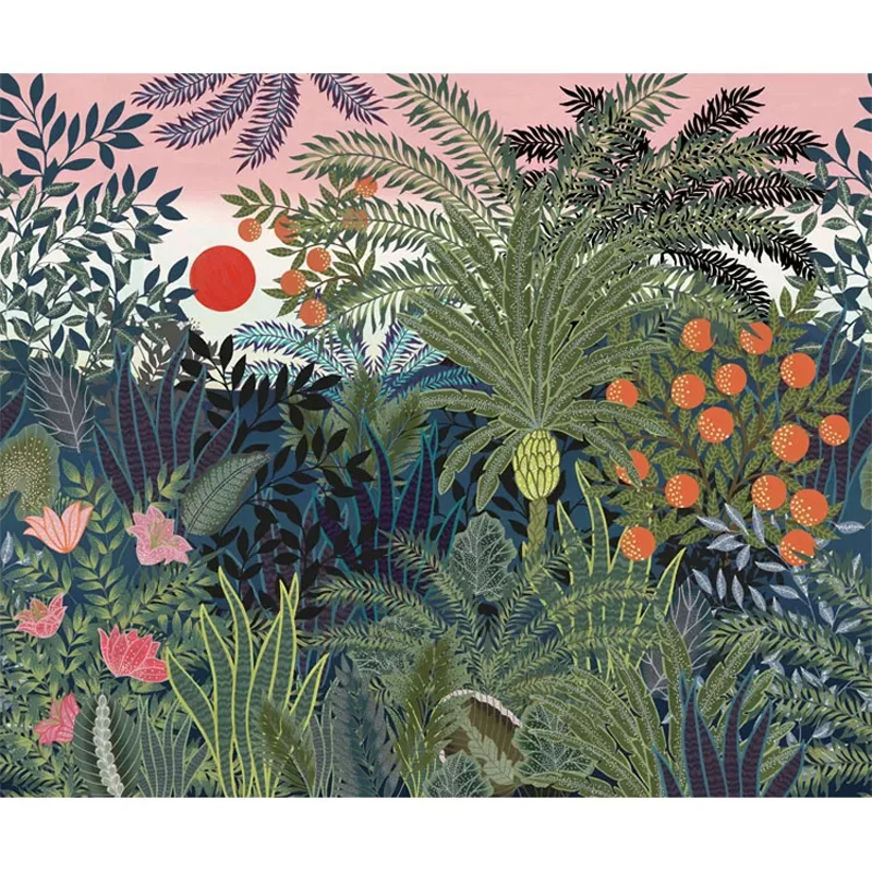 Fotomural Nórdico Ilustración Entera para Decoración de Dormitorio con Estampado de Selva y Sol en Verde Verde Clearhalo
