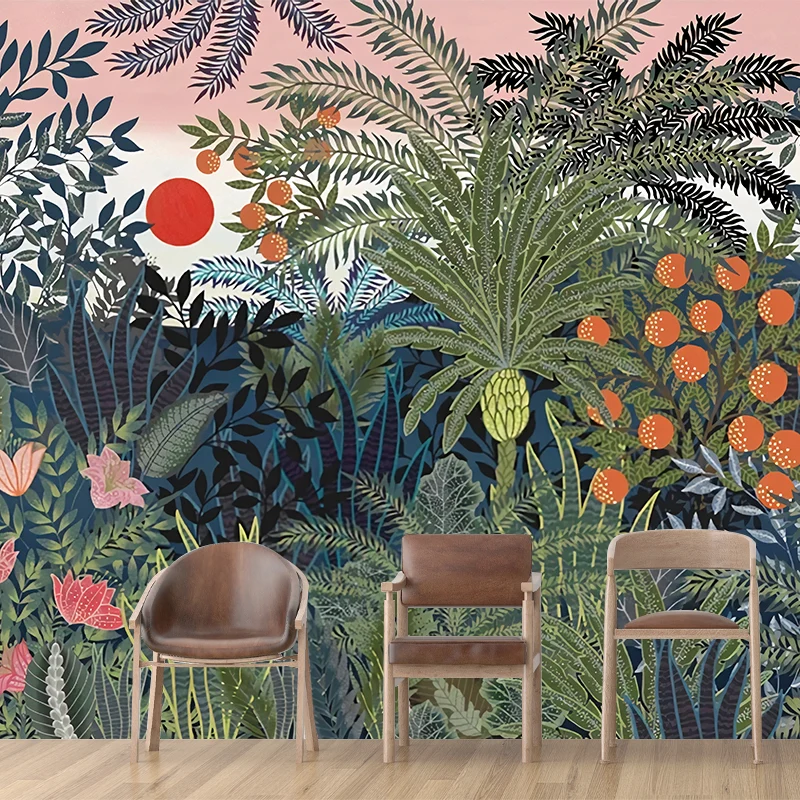 Fotomural Nórdico Ilustración Entera para Decoración de Dormitorio con Estampado de Selva y Sol en Verde Verde Clearhalo