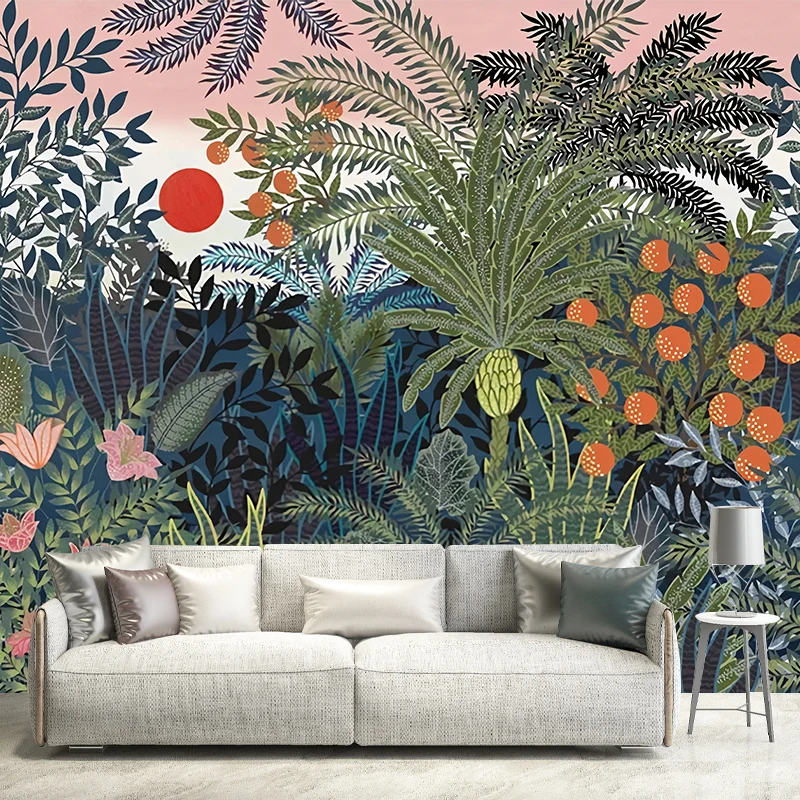 Fotomural Nórdico Ilustración Entera para Decoración de Dormitorio con Estampado de Selva y Sol en Verde Verde Clearhalo