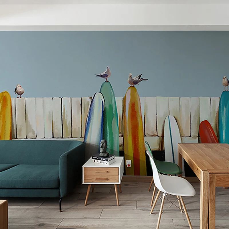 Fotomural sencillo con ilustración grande para cafeterí con diseño de monopatín y pájaros en azul y amarillo Amarillo Clea...