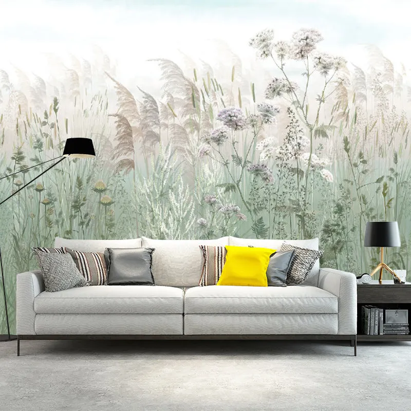 Fotomurales de plantas de hierba de cañ, revestimiento de paredes de material no tejido en color gris y verde Gris Clearhalo