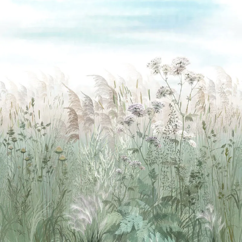 Fotomurales de plantas de hierba de cañ, revestimiento de paredes de material no tejido en color gris y verde Gris Clearhalo