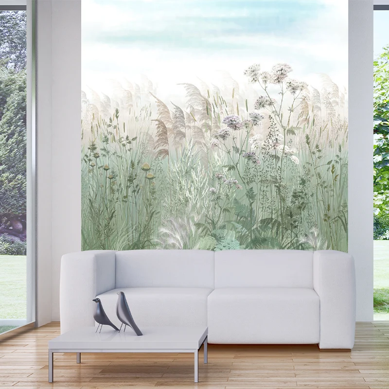 Fotomurales de plantas de hierba de cañ, revestimiento de paredes de material no tejido en color gris y verde Gris Clearhalo