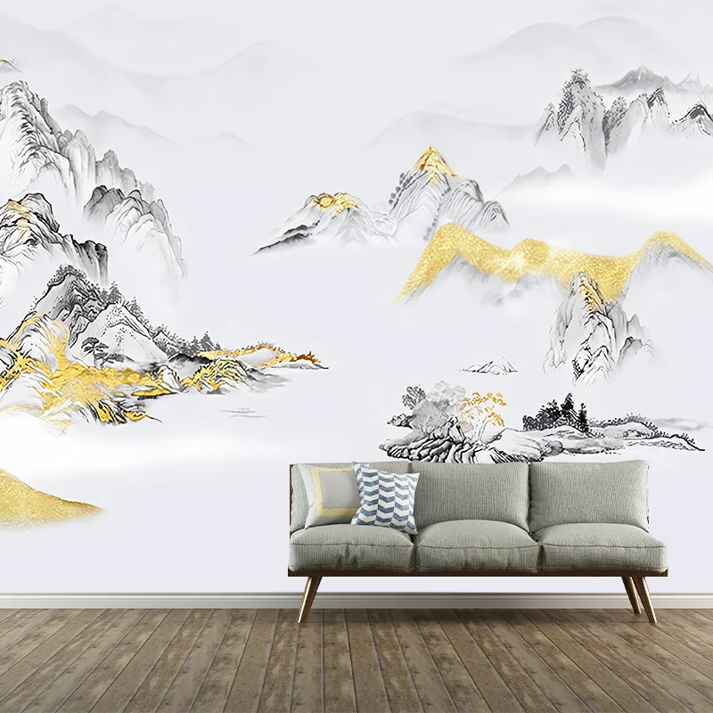 Gran arte de pared inspirado en Asia, mural de pared de montañ gris y dorado, tamaño personalizado disponible Oro Clearhalo
