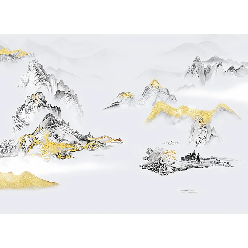 Gran arte de pared inspirado en Asia, mural de pared de montañ gris y dorado, tamaño personalizado disponible Oro Clearhalo