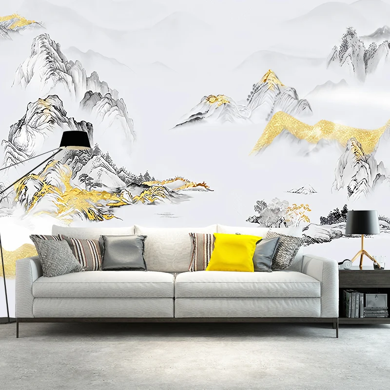 Gran arte de pared inspirado en Asia, mural de pared de montañ gris y dorado, tamaño personalizado disponible Oro Clearhalo