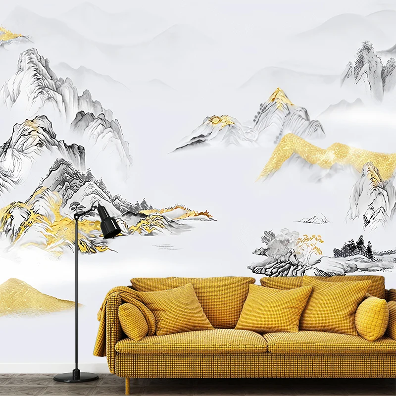 Gran arte de pared inspirado en Asia, mural de pared de montañ gris y dorado, tamaño personalizado disponible Oro Clearhalo