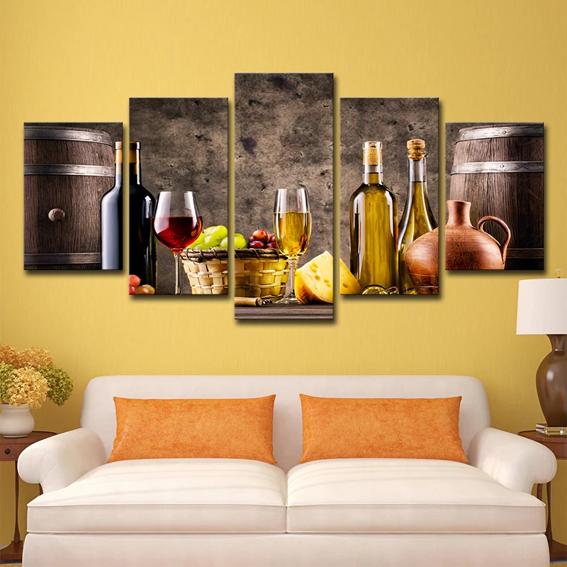 Gran banquete, decoración artística de pared, comedor, vino y fruta, lienzo impreso en gris-marrón Gris Clearhalo