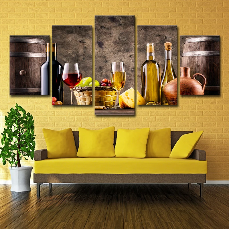 Gran banquete, decoración artística de pared, comedor, vino y fruta, lienzo impreso en gris-marrón Gris Clearhalo