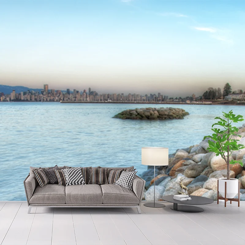 Gran mural tropical, guijarros azules orillas del mar y decoración de pared con vista la ciudad, hecho medida Azul Clearhalo