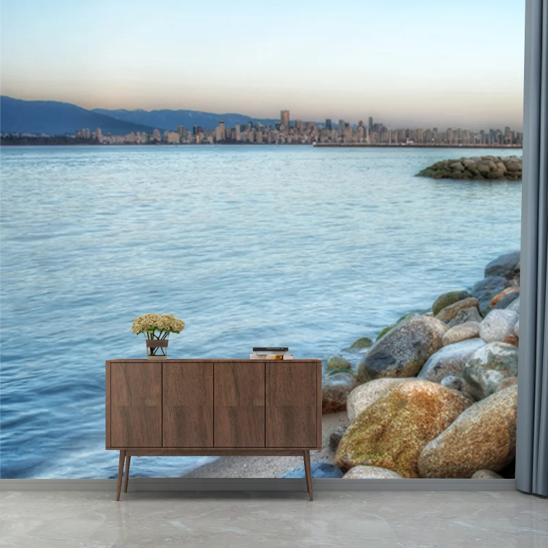 Gran mural tropical, guijarros azules orillas del mar y decoración de pared con vista la ciudad, hecho medida Azul Clearhalo