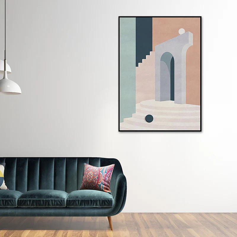 Ilustración Arquitectura Lienzo Arte de pared para sala de estar, color pastel, texturizado Verde Clearhalo